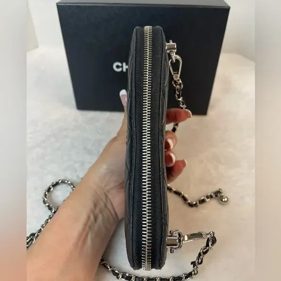 CHANEL CC QUILTED LAMBSKIN ZIP AROUND WALLET ON A CHAIN. Box & COA Included